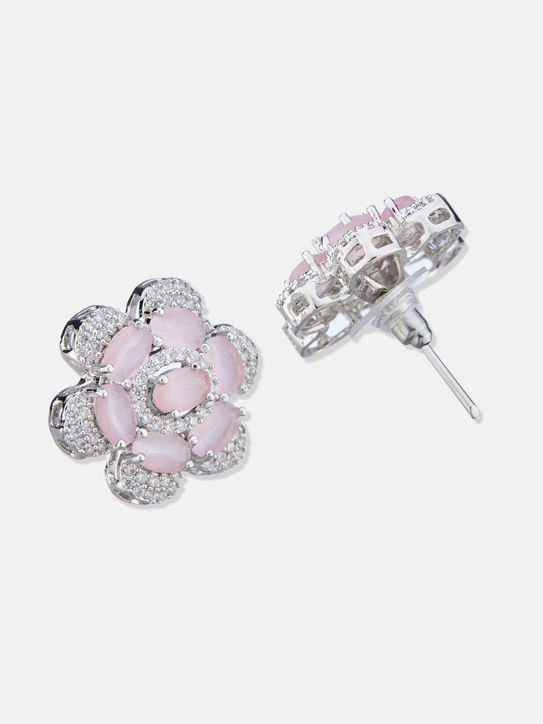 ATIBELLE Set Of 2 Silver-Plated Cubic Zirconia Studded Floral Shaped Studs