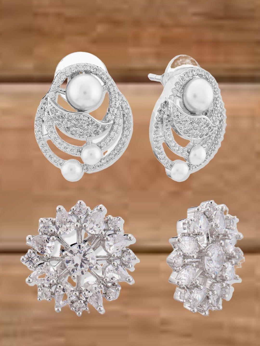 ATIBELLE Set Of 2 Silver-Plated Cubic Zirconia Studded & Pearls Beaded Floral Shaped Studs