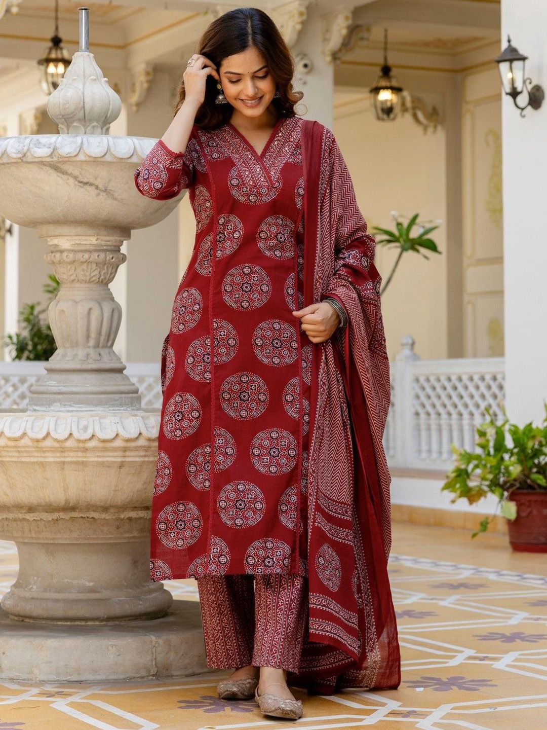 Anouk Women Printed Regular Mirror Work Pure Cotton Kurta with Palazzos & With Dupatta
