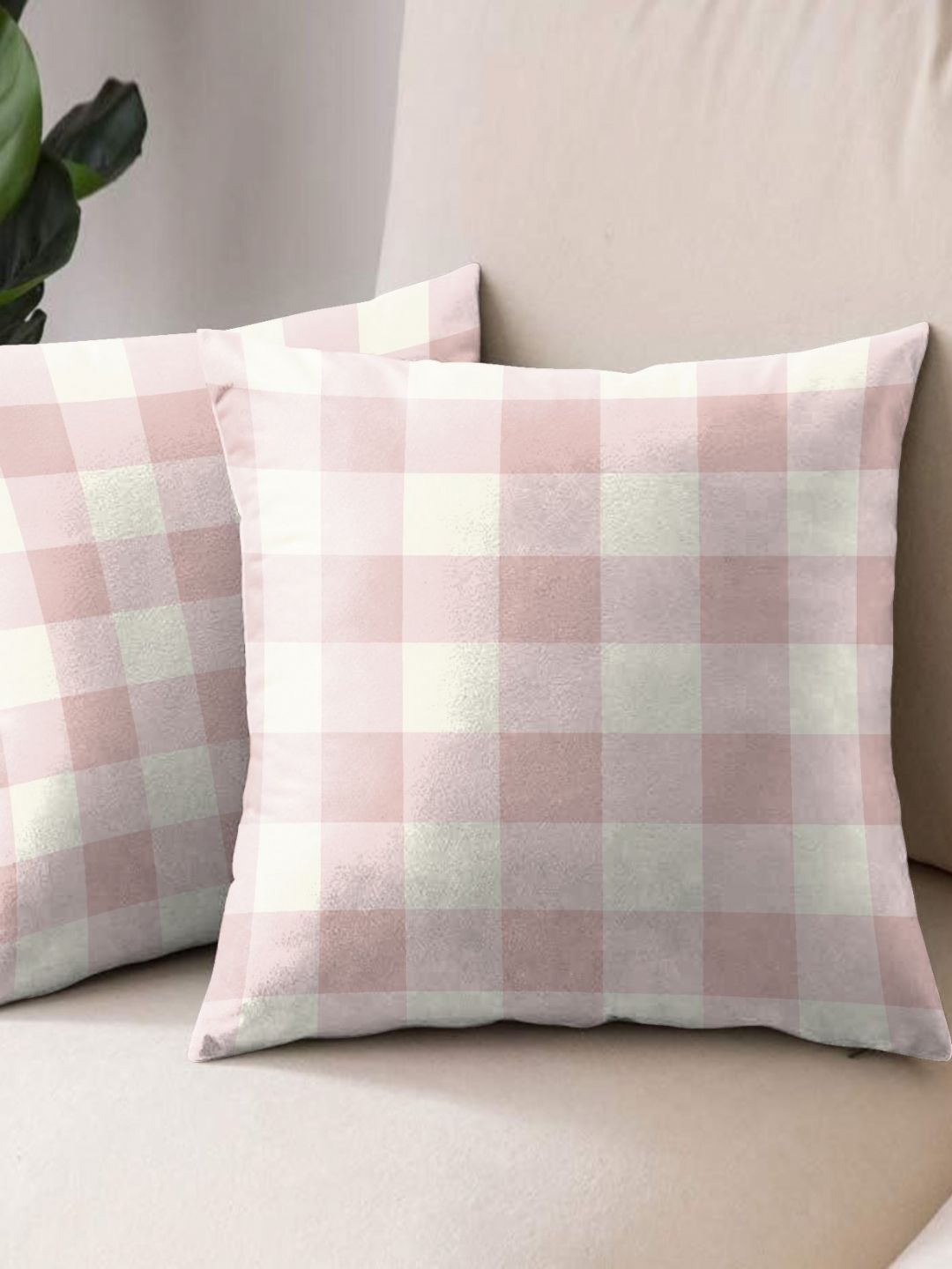 Aura Pink & White 2 Pieces Checked Square Cushion Covers-image-39