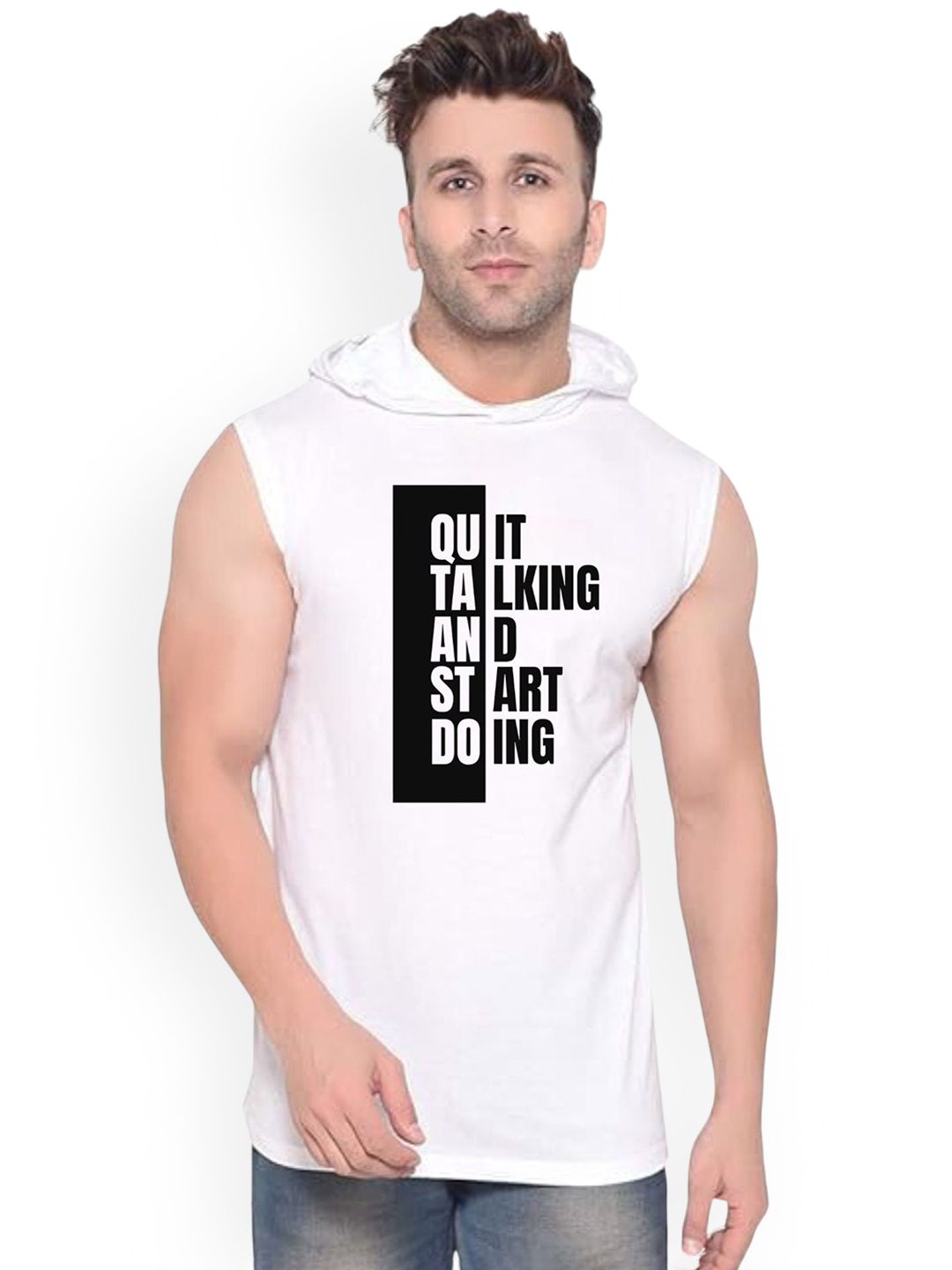 Fashnobic Quit Talking Printed Hooded Gym Vest -K_Back_Print-179_gym_vest White M-picture-32