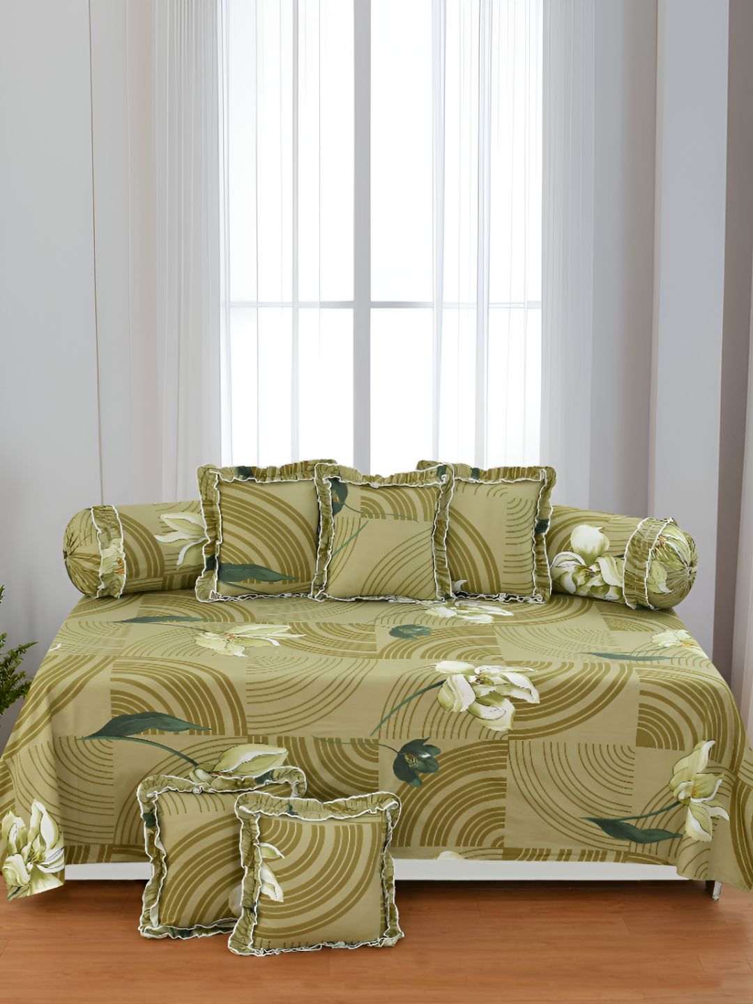 Luxmi Cotton Fabrics 8Pcs White & Olive Floral Printed Diwan Set-picture-9