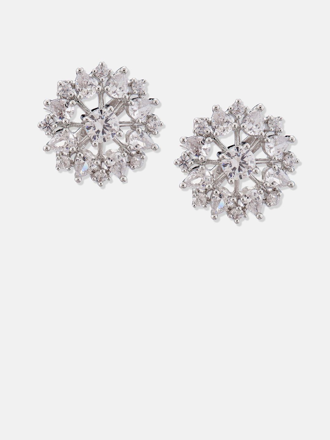 ATIBELLE Set Of 2 Silver-Plated Cubic Zirconia Studded & Pearls Beaded Floral Shaped Studs