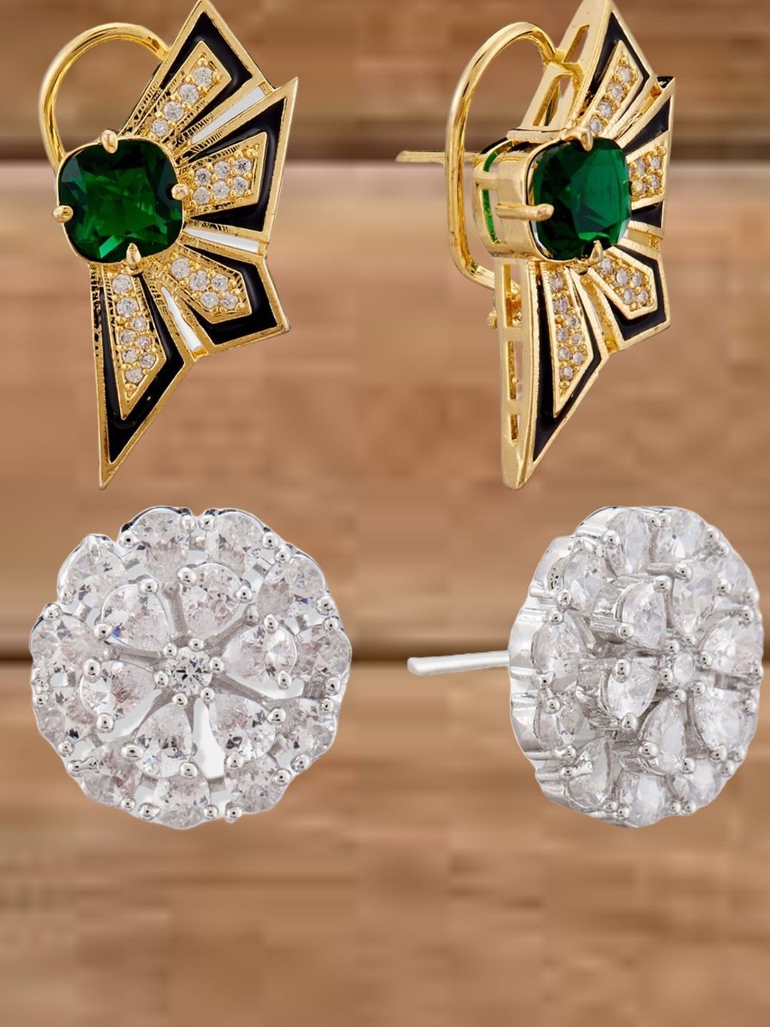 ATIBELLE Set Of 2 Gold-Plated Cubic Zirconia Studded Geometric Shaped Studs