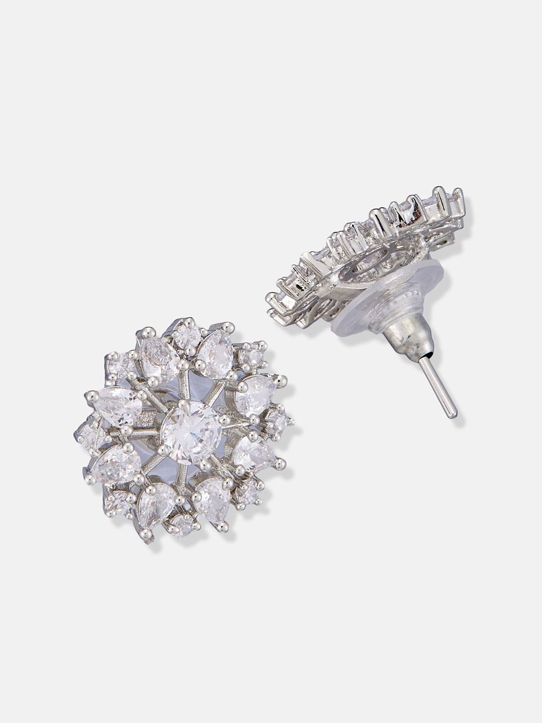 ATIBELLE Set Of 2 Silver-Plated Cubic Zirconia Studded & Pearls Beaded Geometric Studs