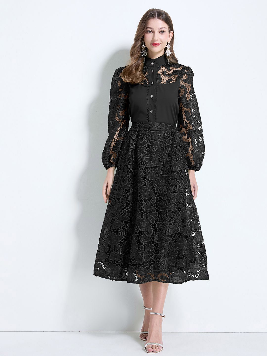 JC Collection Floral Lace Self Design Collar Neck Top With Skirt Co-Ords-picture-26