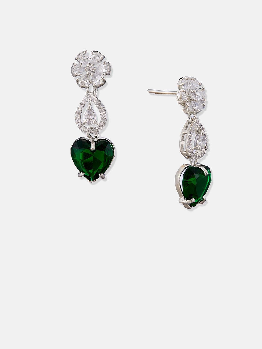 ATIBELLE Set Of 2 Silver-Plated Cubic Zirconia Studded Heart Shaped Drop Earrings