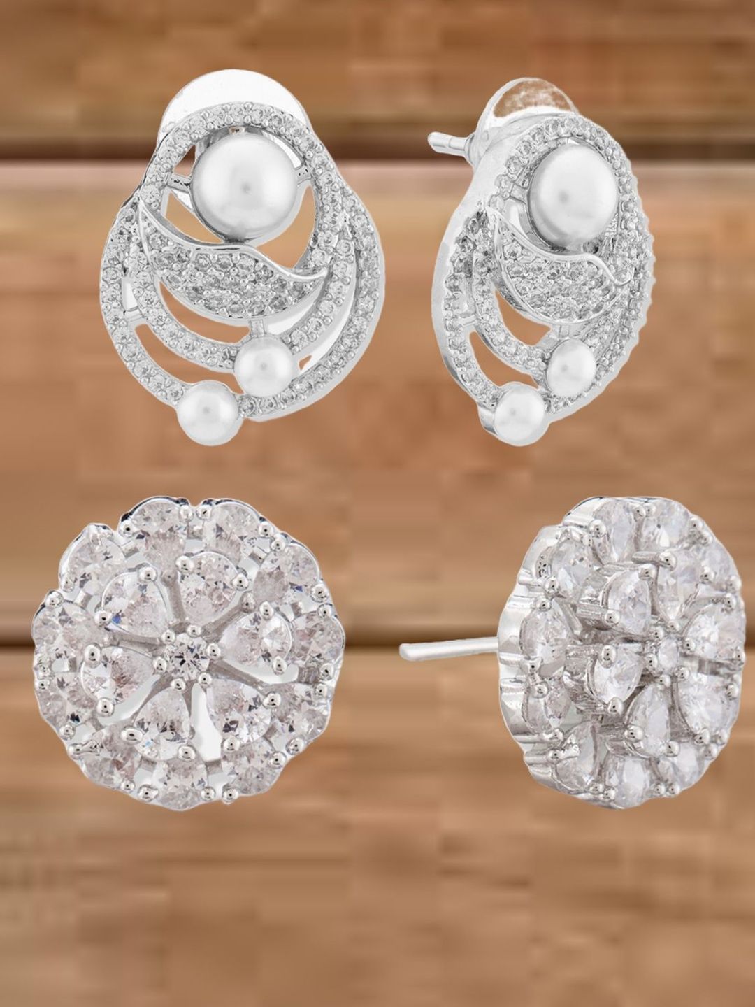 ATIBELLE Set Of 2 Silver-Plated Cubic Zirconia Studded & Pearls Beaded Floral Shaped Studs
