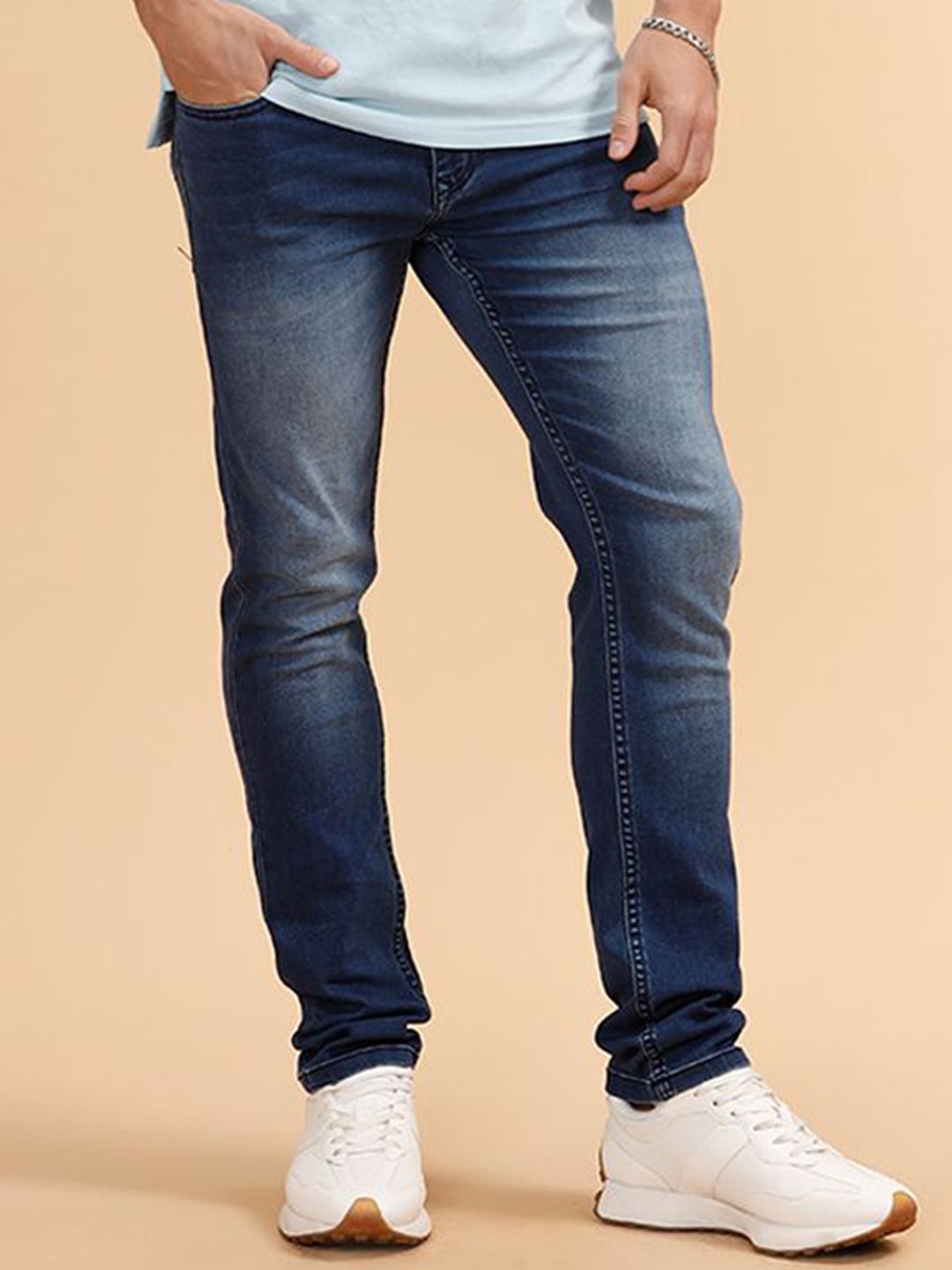 WROGN Men Comfort Slim Fit Mid-Rise Low Distress Light Fade Jeans-picture-26