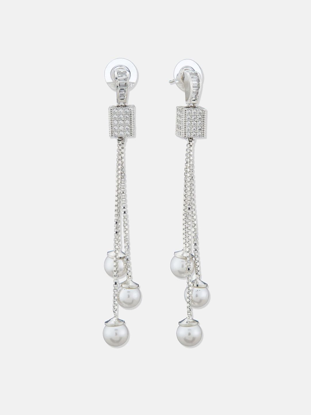 ATIBELLE Set Of 2 Silver-Plated Cubic Zirconia Studded Square Shaped Drop Earrings