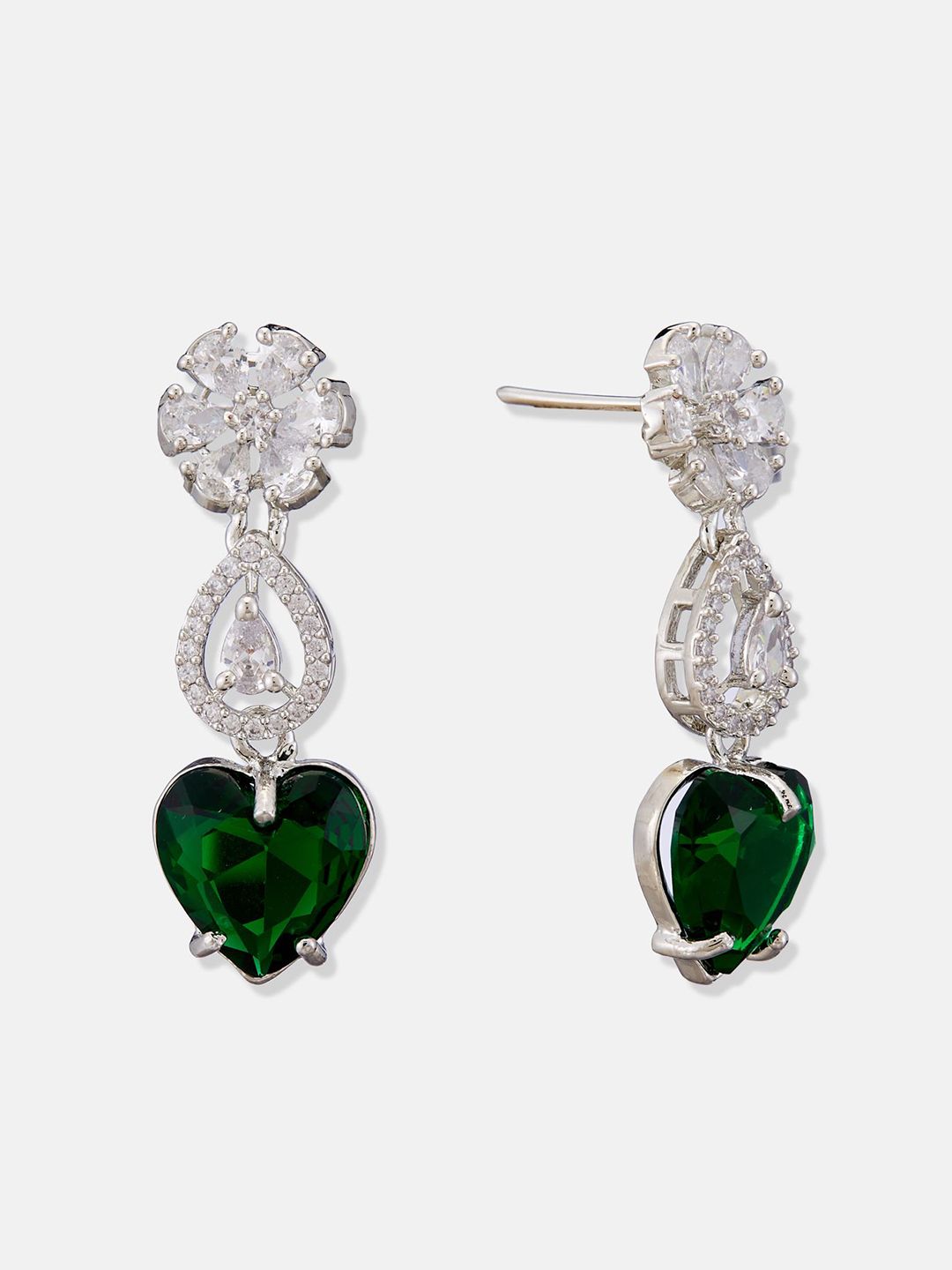 ATIBELLE Set Of 2 Silver-Plated Cubic Zirconia Studded Heart Shaped Drop Earrings
