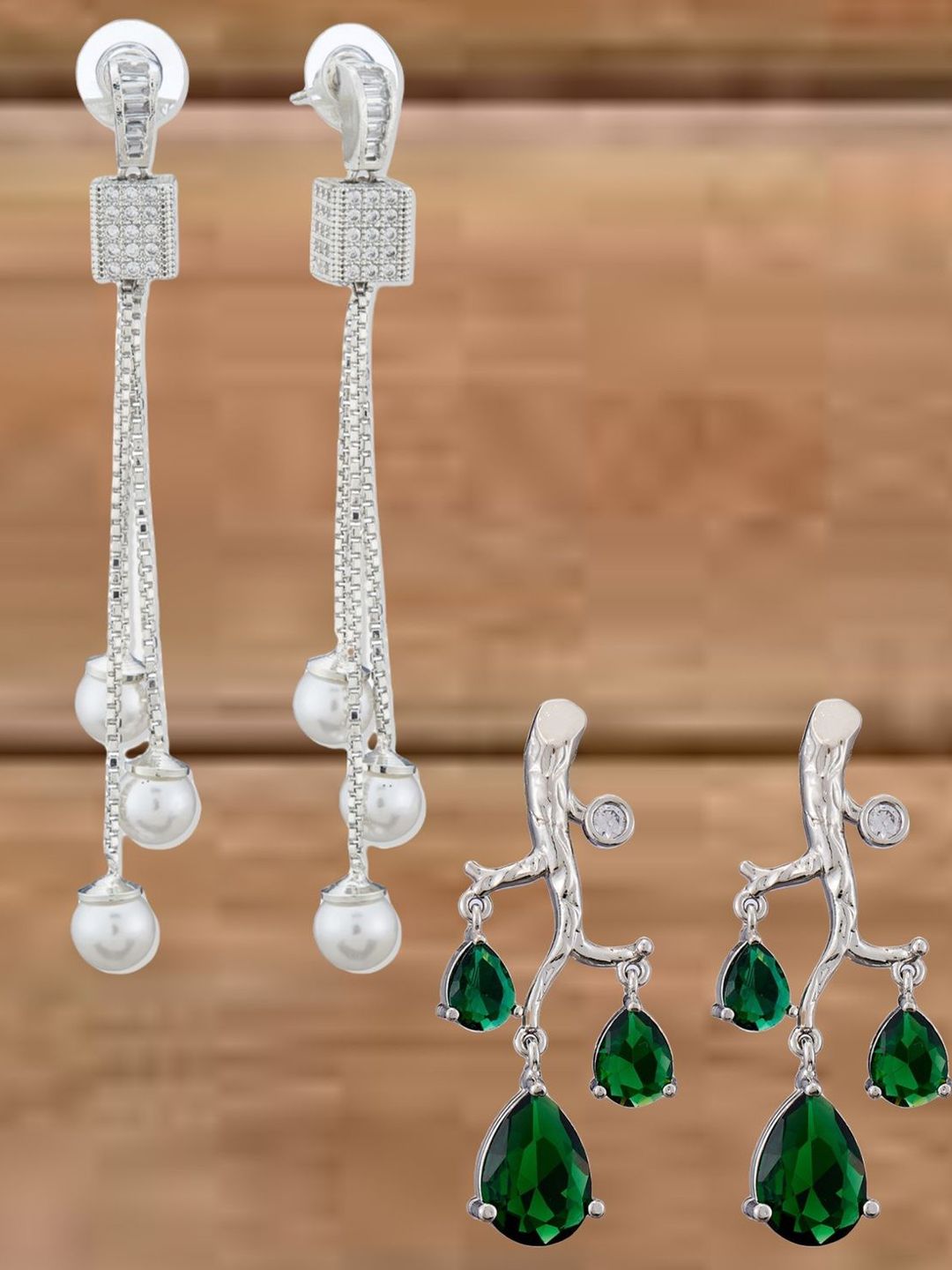 ATIBELLE Set Of 2 Silver-Plated Cubic Zirconia Studded Square Shaped Drop Earrings