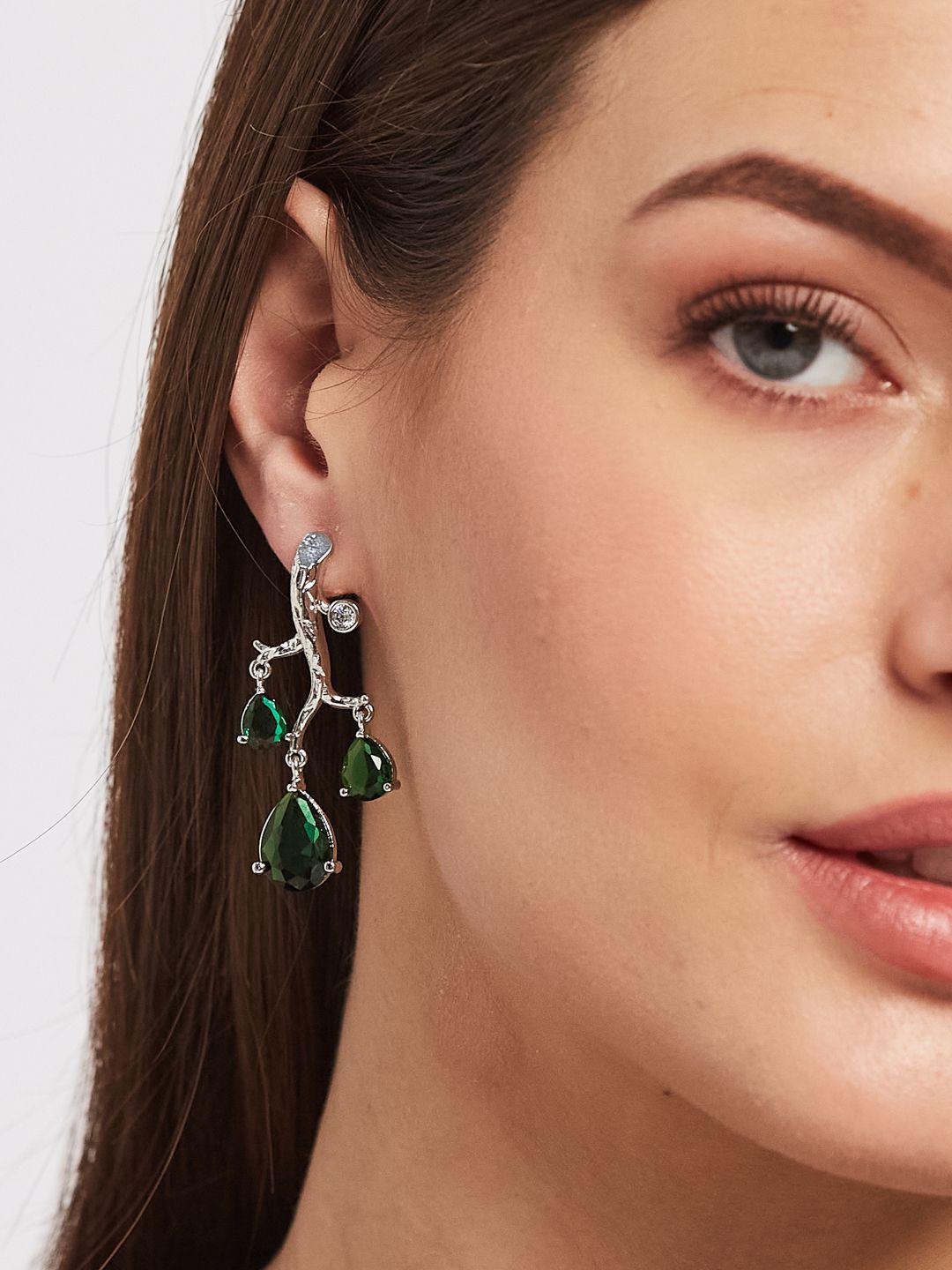 ATIBELLE Set Of 2 Silver-Plated Cubic Zirconia Studded Teardrop Shaped Drop Earrings