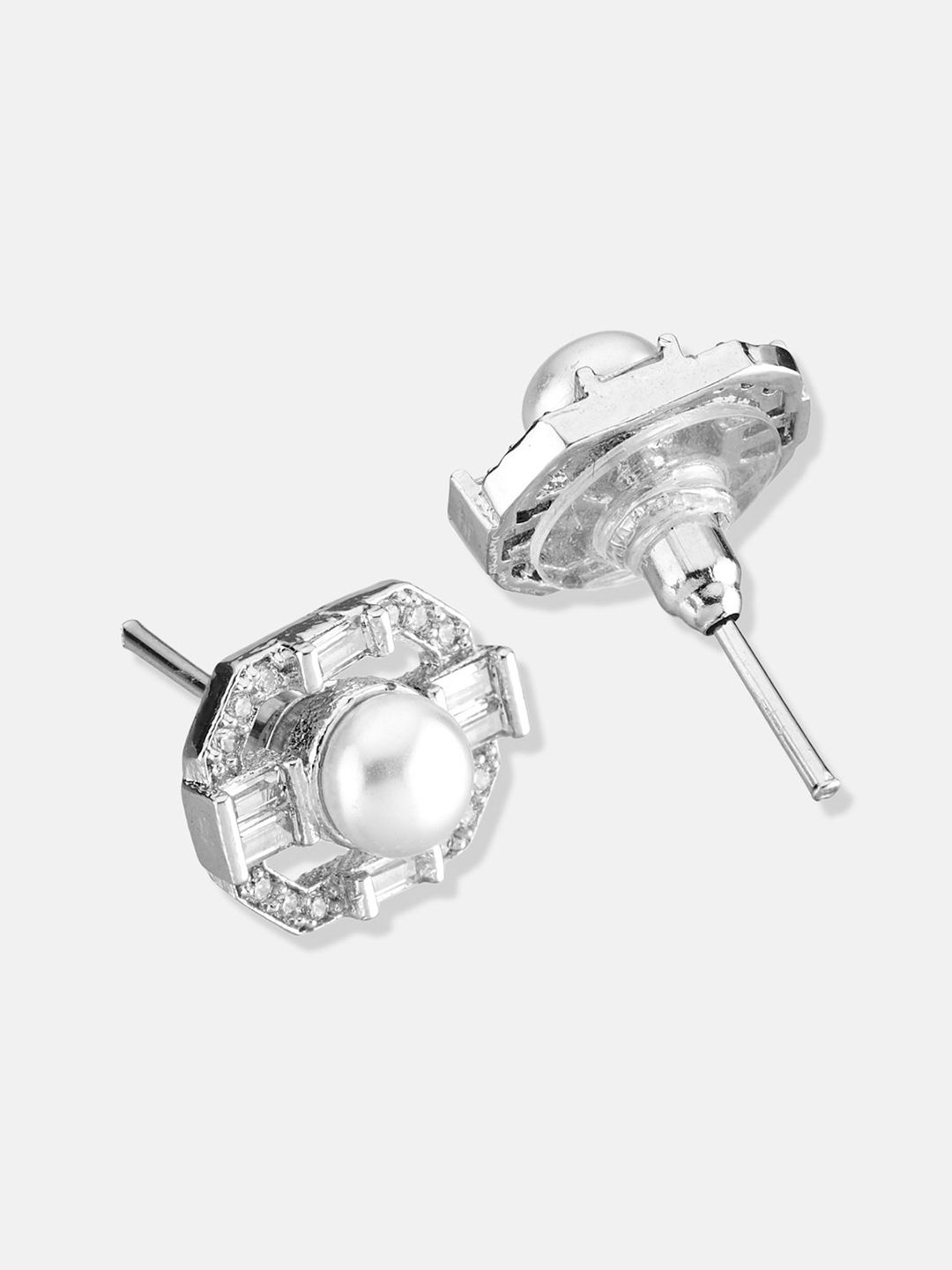 ATIBELLE Set Of 2 Silver-Plated Cubic Zirconia Studded & Pearls Beaded Geometric Studs