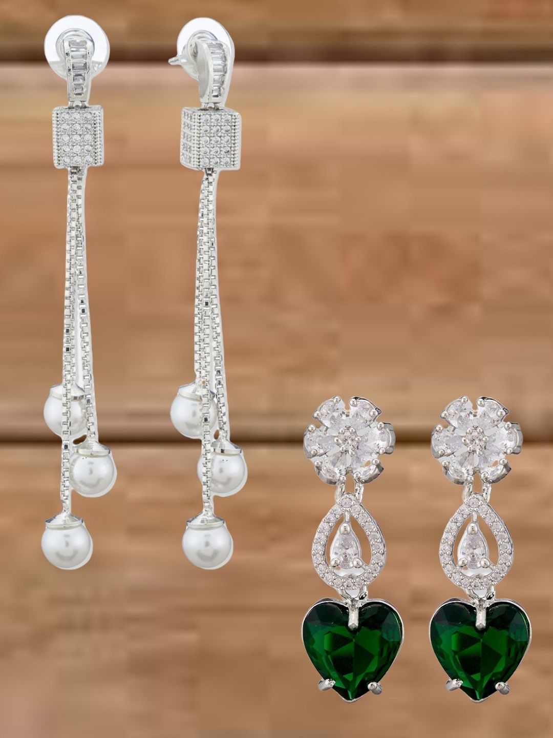 ATIBELLE Set Of 2 Silver-Plated Cubic Zirconia Studded Square Shaped Drop Earrings