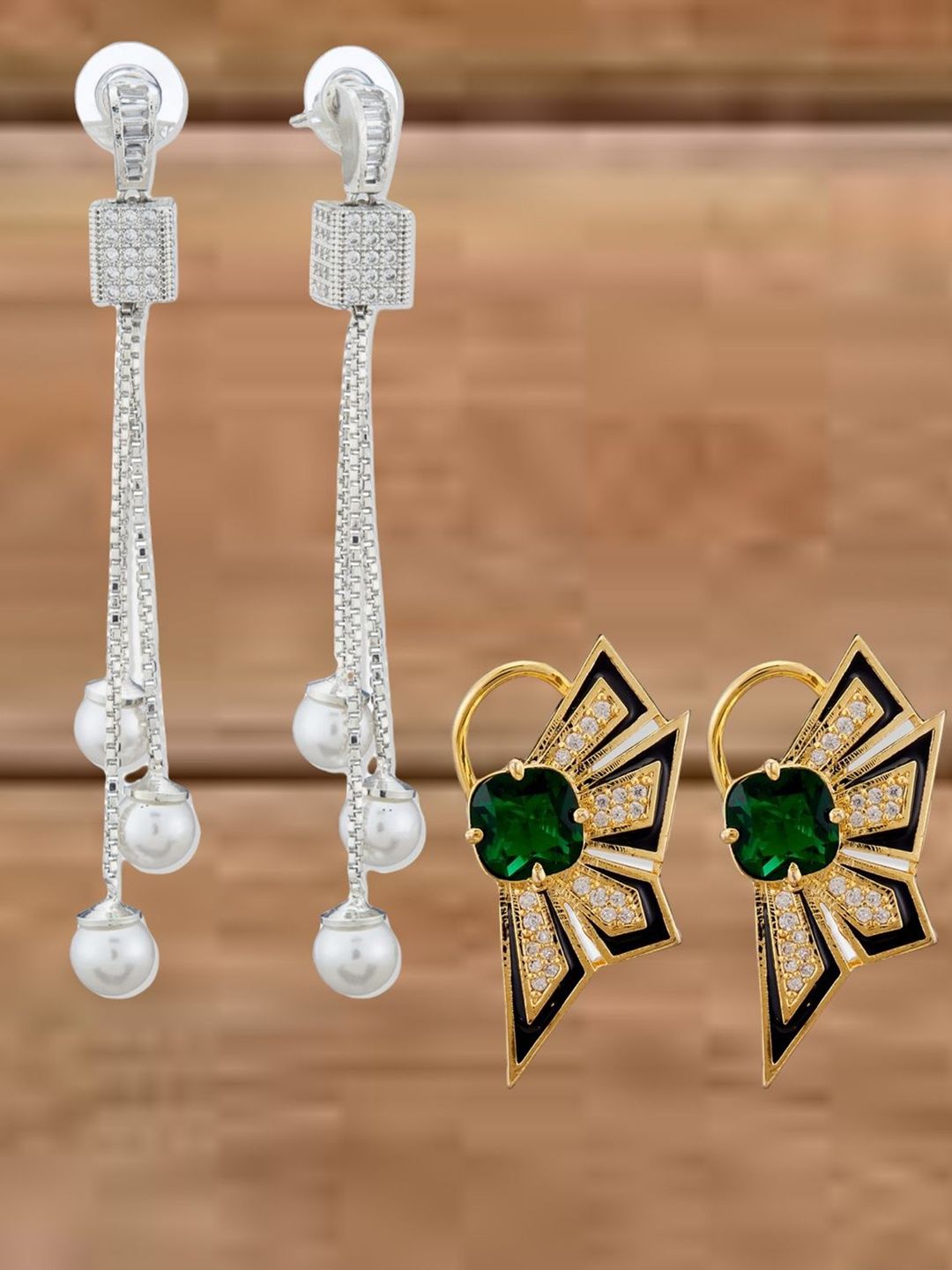 ATIBELLE Set Of 2 Silver-Plated Cubic Zirconia Studded Square Shaped Drop Earrings