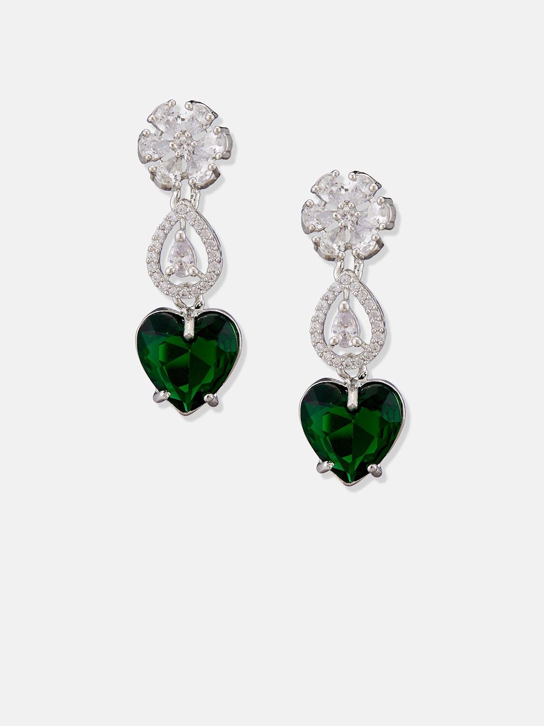 ATIBELLE Set Of 2 Silver-Plated Cubic Zirconia Studded Heart Shaped Drop Earrings