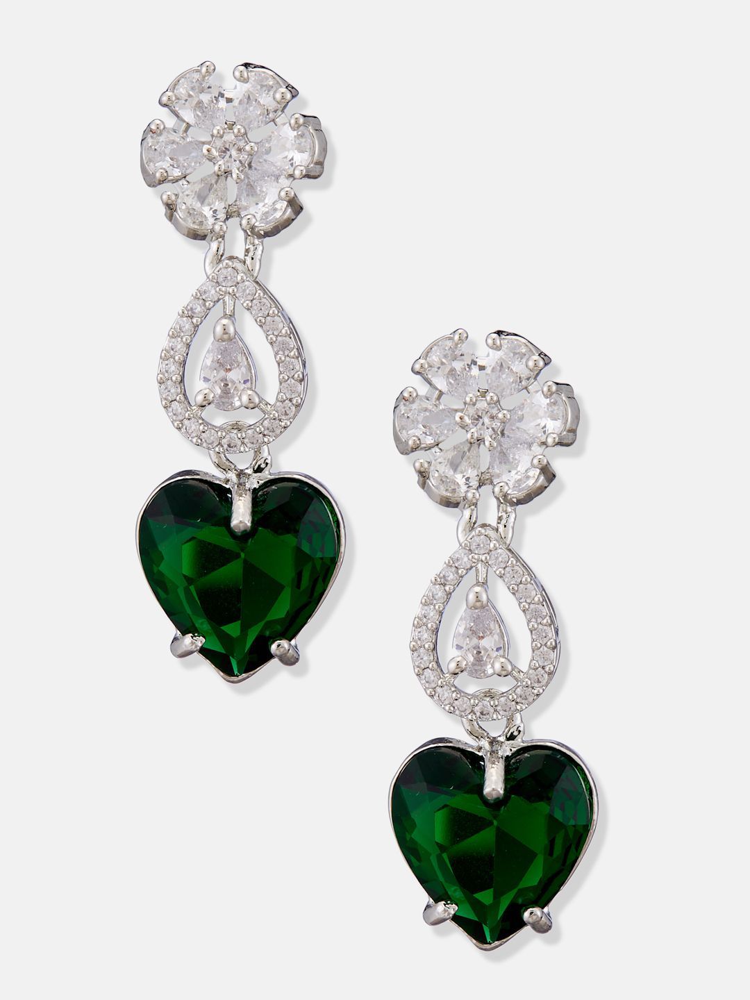 ATIBELLE Set Of 2 Silver-Plated Cubic Zirconia Studded Heart Shaped Drop Earrings