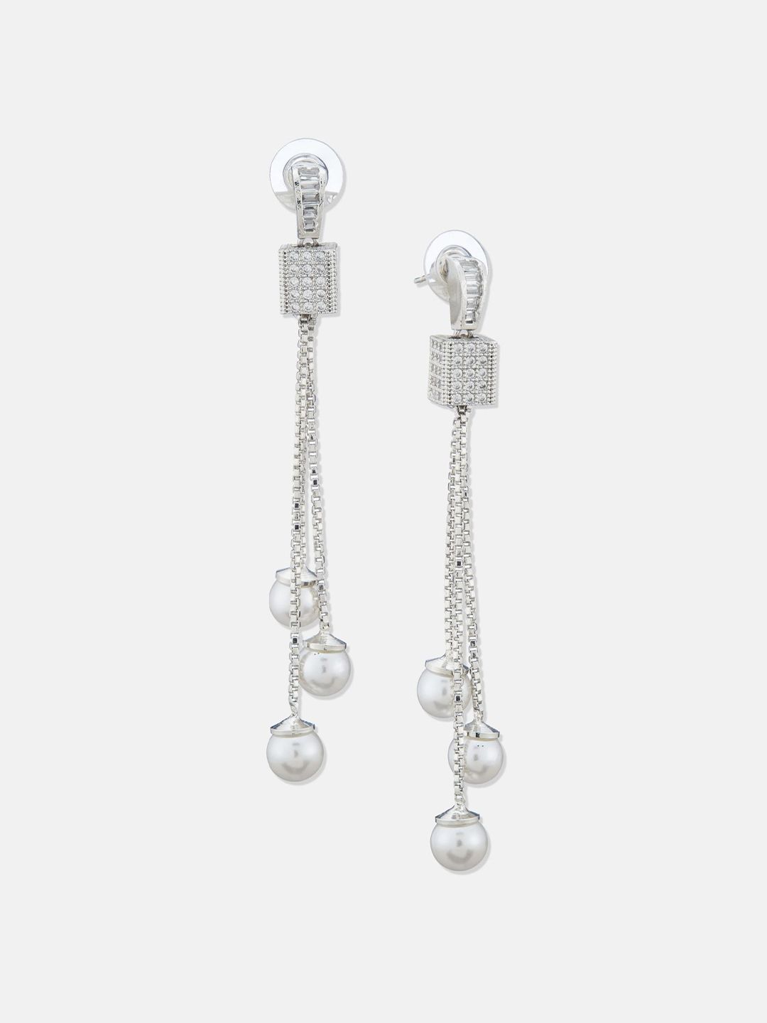 ATIBELLE Set Of 2 Silver-Plated Cubic Zirconia Studded Square Shaped Drop Earrings