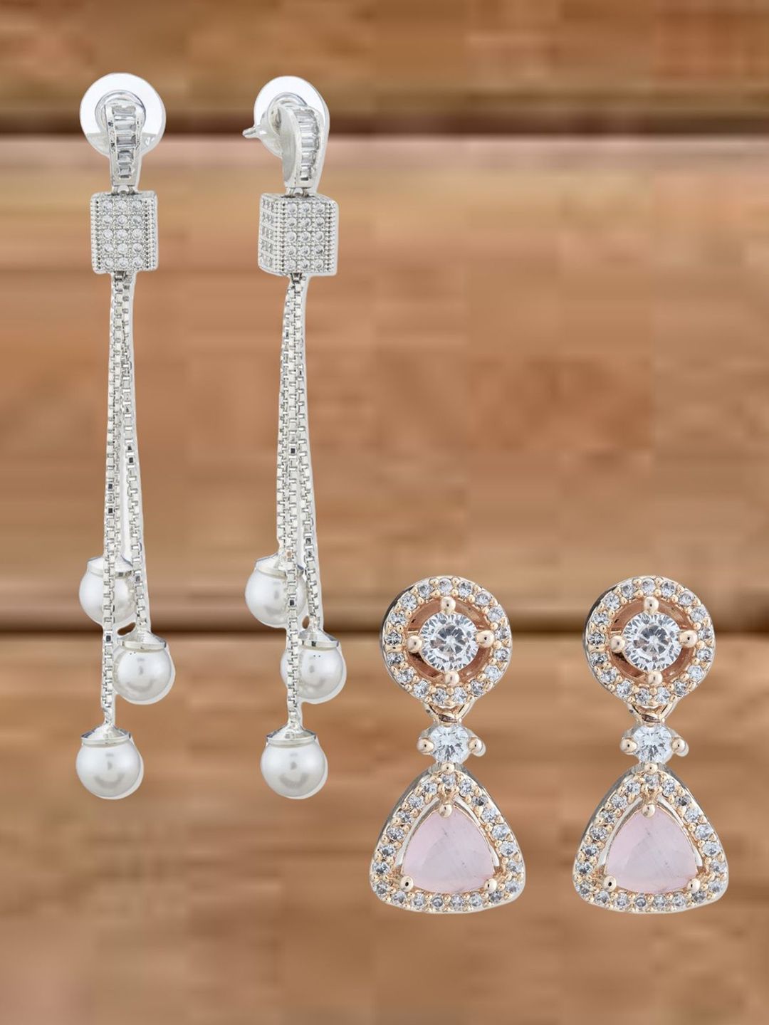 ATIBELLE Set Of 2 Silver-Plated Cubic Zirconia Studded Square Shaped Drop Earrings