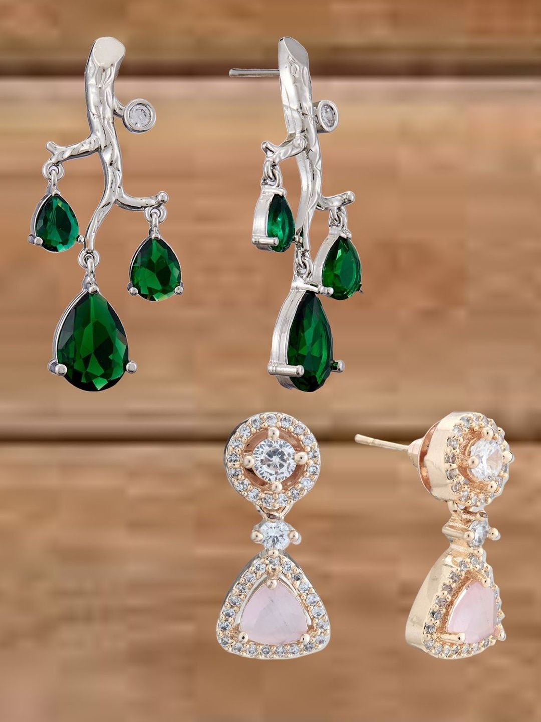 ATIBELLE Set Of 2 Silver-Plated Cubic Zirconia Studded Teardrop Shaped Drop Earrings