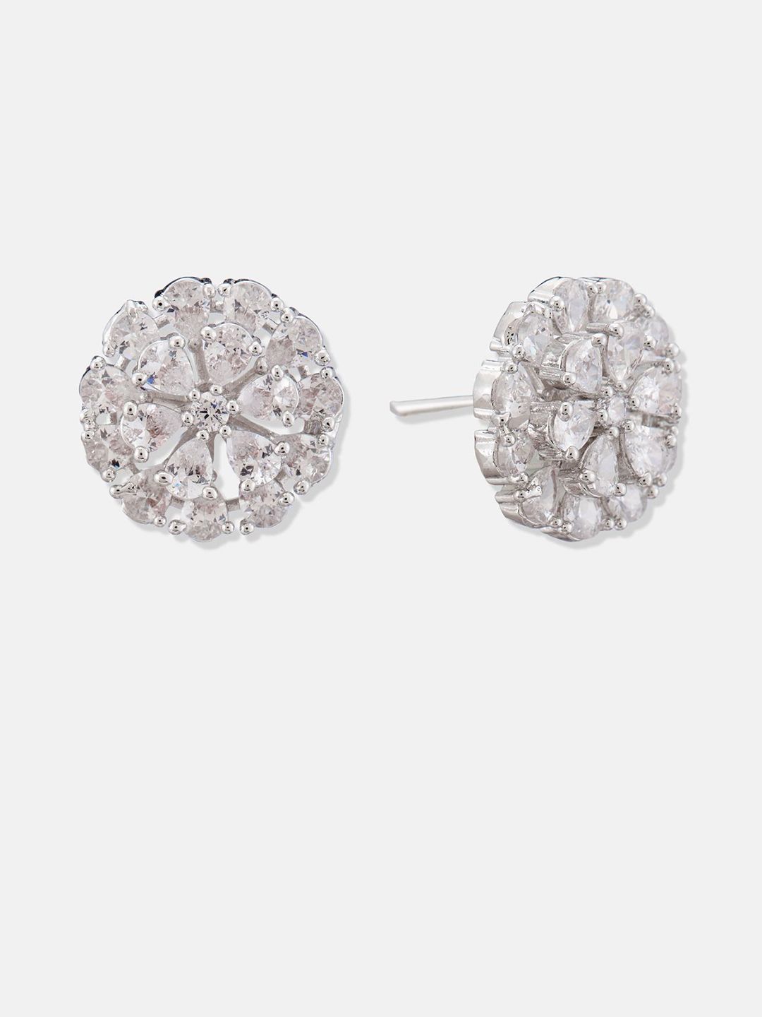 ATIBELLE Set Of 2 Silver-Plated Cubic Zirconia Studded Floral Shaped Studs