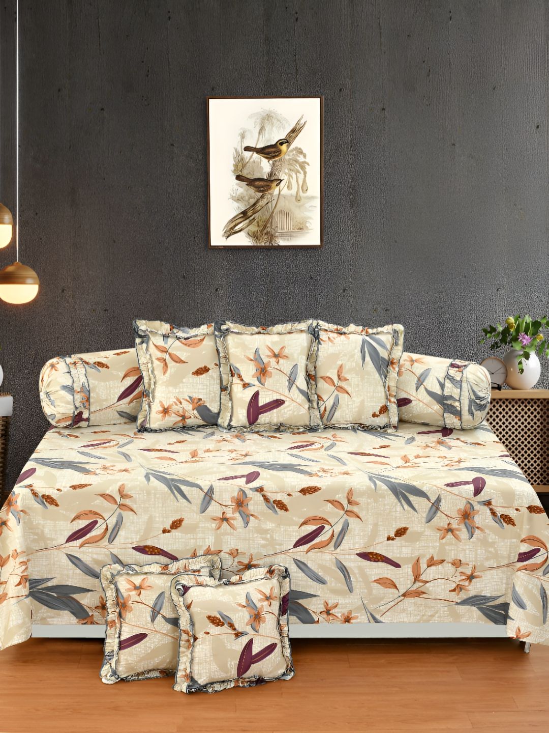 Luxmi Cotton Fabrics 8Pcs Beige & Brown Floral Printed Diwan Set-image-47