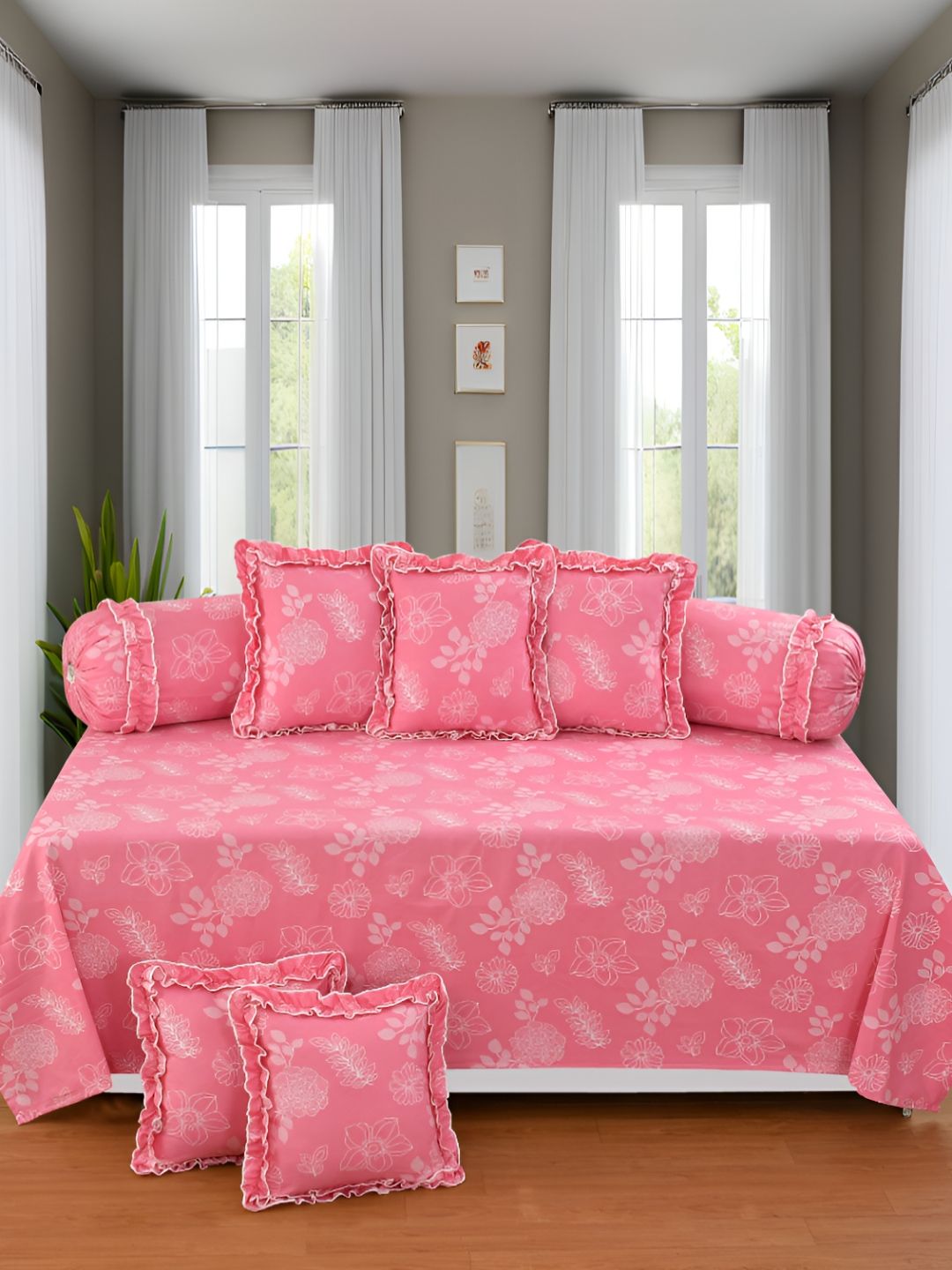 Luxmi Cotton Fabrics 8Pcs White & Pink Floral Printed Diwan Set-picture-29