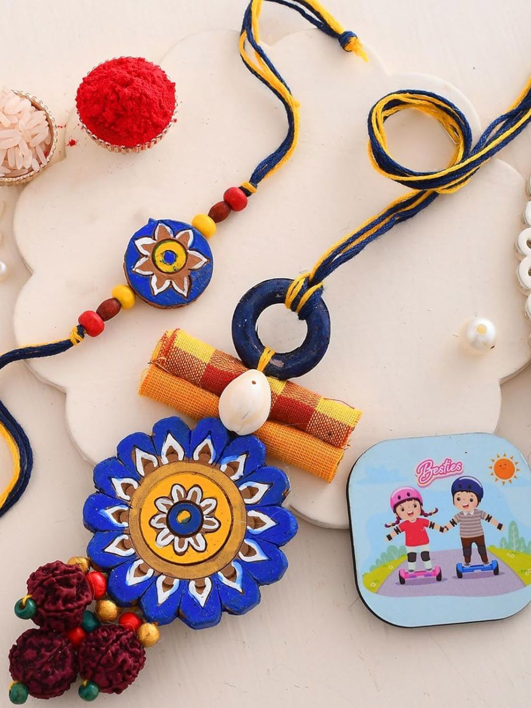 CraftVatika Set Of 2 Brother & Bhabhi Terracotta Rakhi With Fridge Magnet Gift Set-picture-32