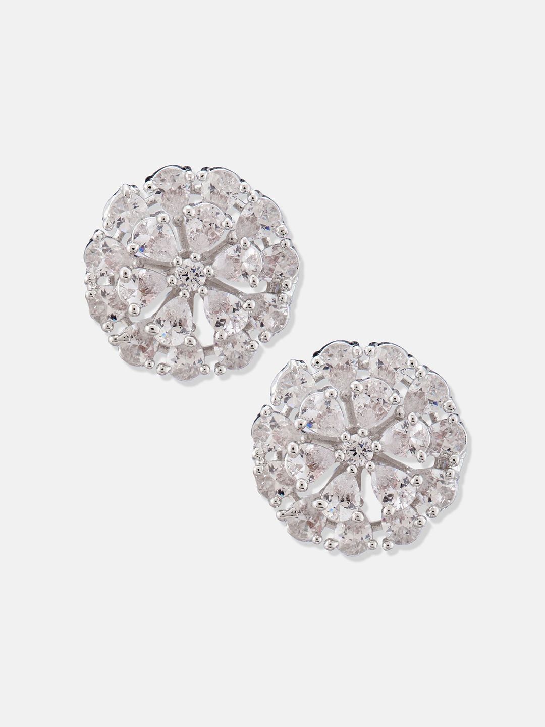 ATIBELLE Set Of 2 Silver-Plated Cubic Zirconia Studded Floral Shaped Studs