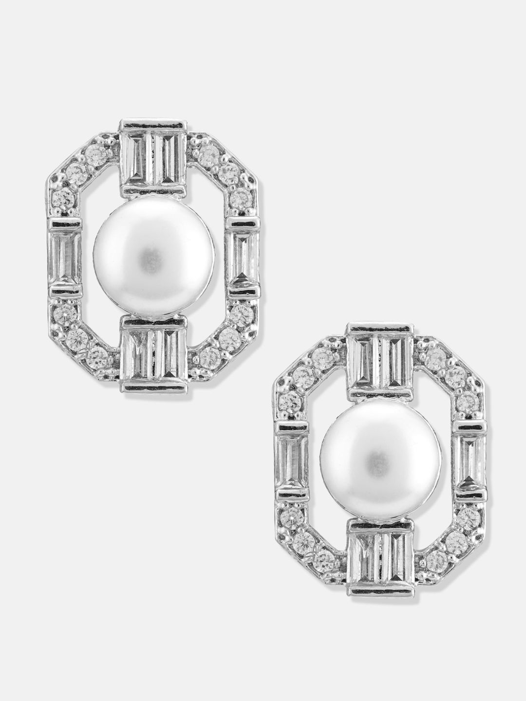 ATIBELLE Set Of 2 Silver-Plated Cubic Zirconia Studded & Pearls Beaded Geometric Studs