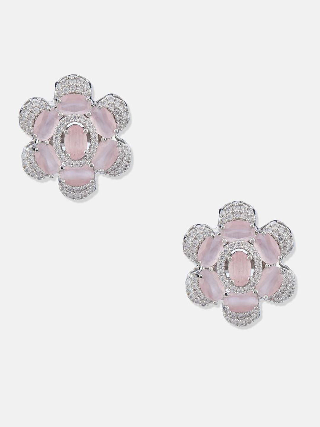 ATIBELLE Set Of 2 Silver-Plated Cubic Zirconia Studded Floral Shaped Studs