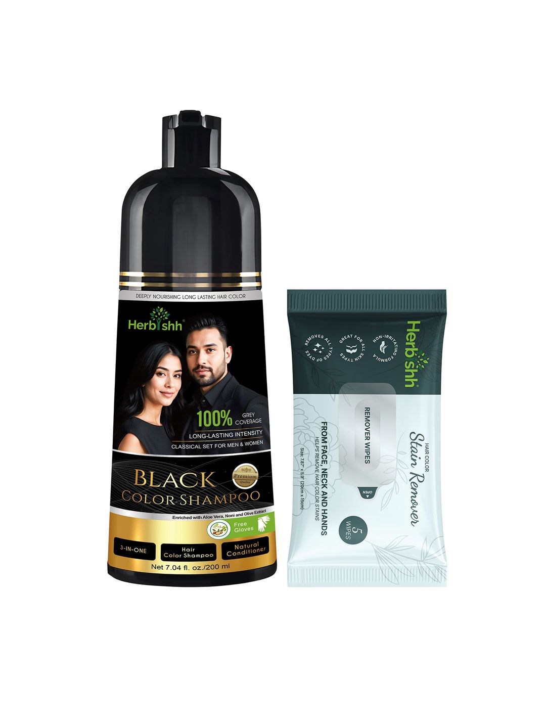 Herbishh Set Of 2 Hair Color Shampoo 200 ml Black & Dye Stain Remover 5Pcs-image-47