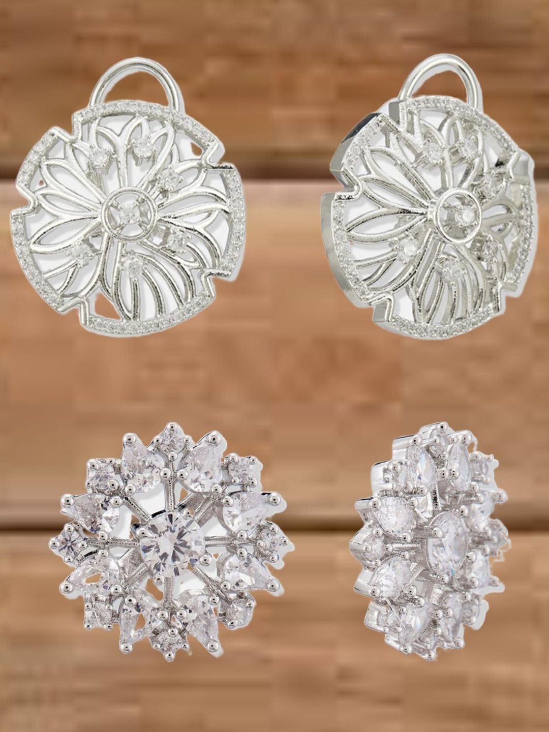 ATIBELLE Set Of 2 Silver-Plated Cubic Zirconia Studded Floral Shaped Studs
