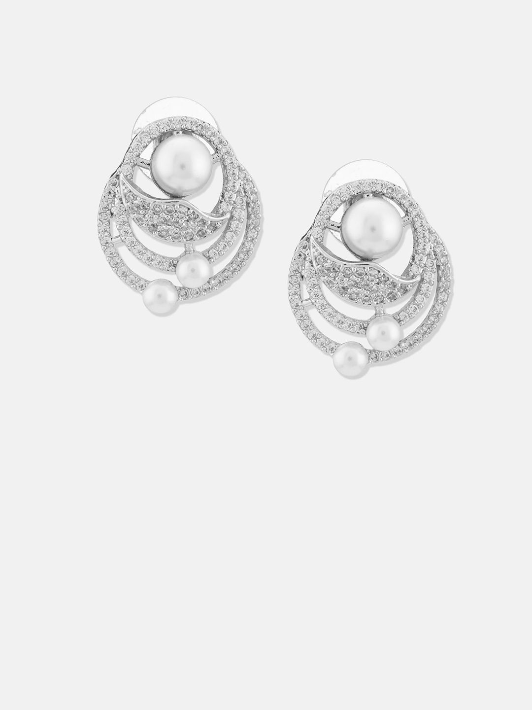 ATIBELLE Set Of 2 Silver-Plated Cubic Zirconia Studded & Pearls Beaded Floral Shaped Studs