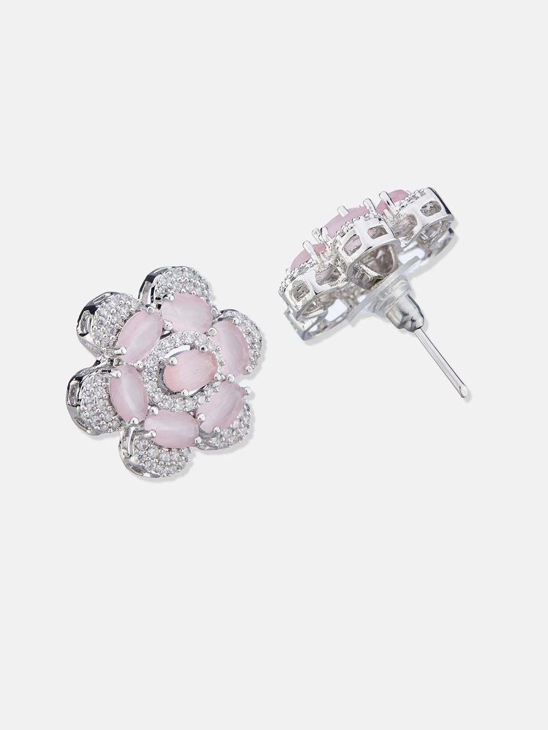 ATIBELLE Set Of 2 Silver-Plated Cubic Zirconia Studded Floral Shaped Studs