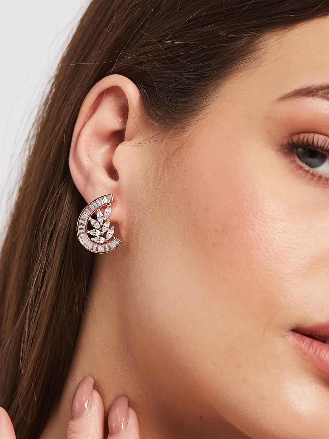 ATIBELLE Set Of 2 Rose Gold-Plated Cubic Zirconia Studded Crescent Shaped Studs