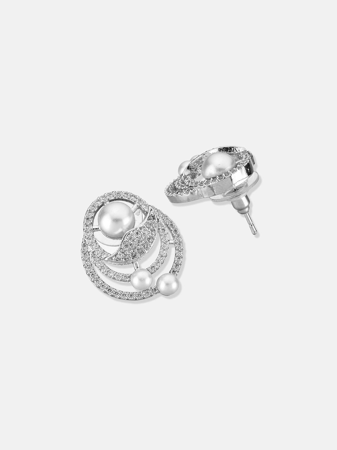 ATIBELLE Set Of 2 Silver-Plated Cubic Zirconia Studded & Pearls Beaded Floral Shaped Studs