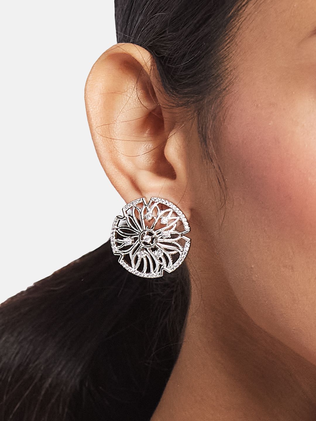 ATIBELLE Set Of 2 Silver-Plated Cubic Zirconia Studded Floral Shaped Studs