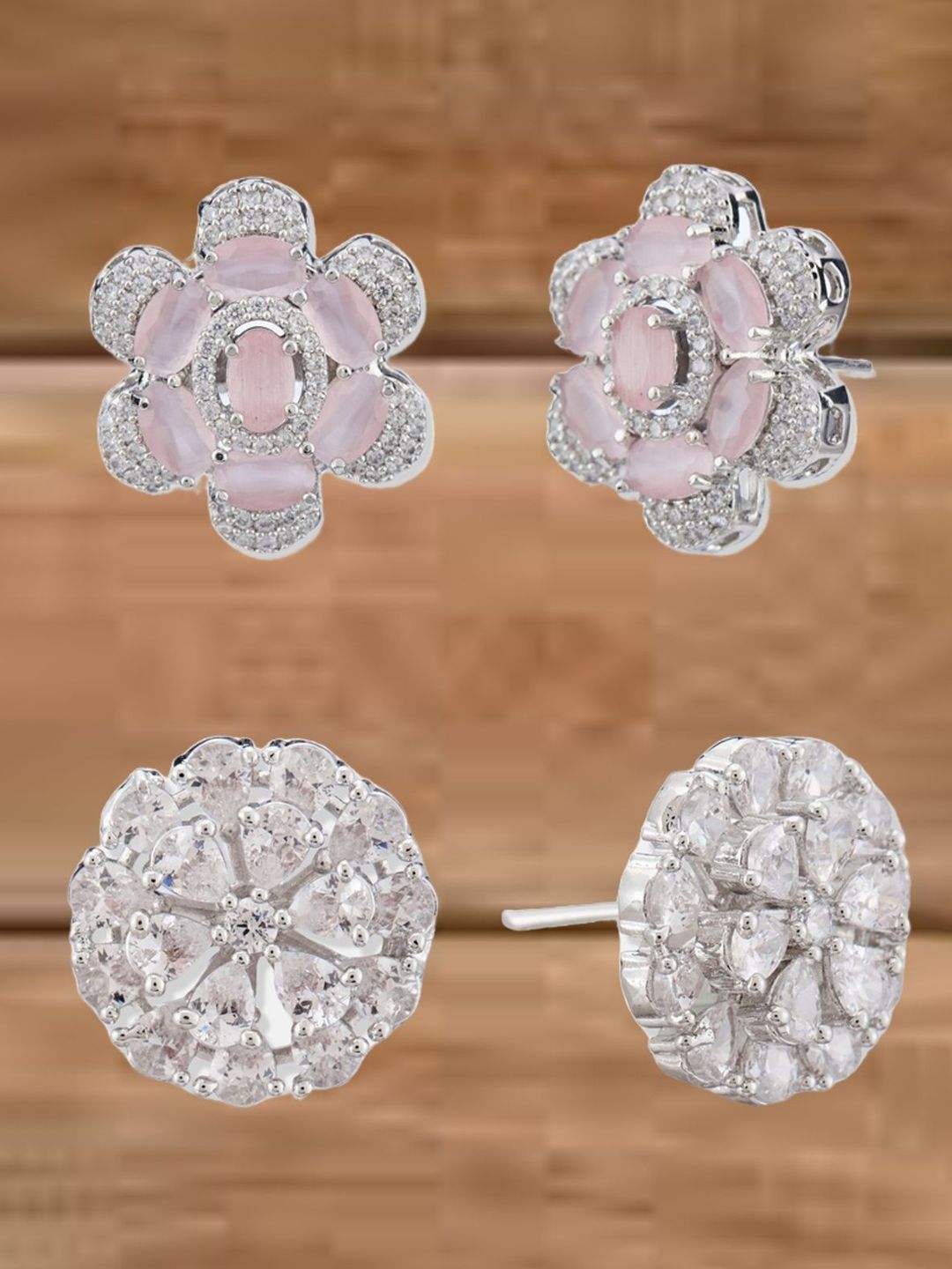 ATIBELLE Set Of 2 Silver-Plated Cubic Zirconia Studded Floral Shaped Studs