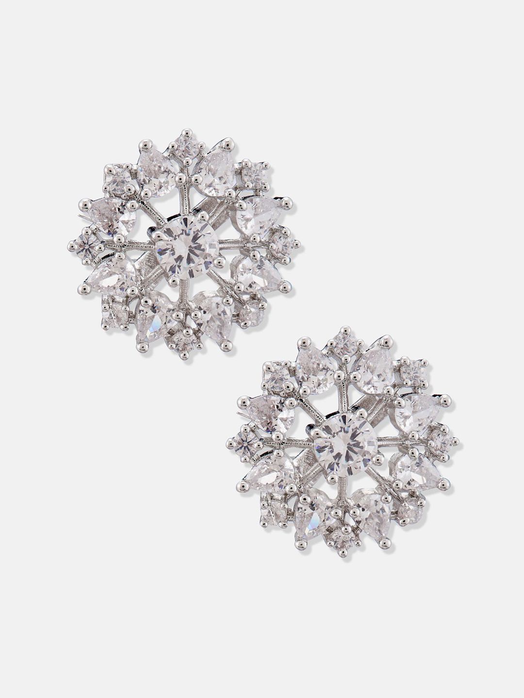 ATIBELLE Set Of 2 Silver-Plated Cubic Zirconia Studded & Pearls Beaded Geometric Studs