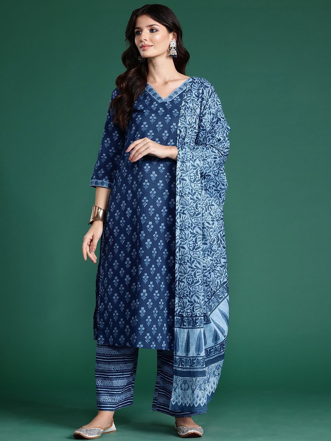 PARTHVI Floral Printed V-Neck Pure Cotton Kurta With Trousers And Dupatta