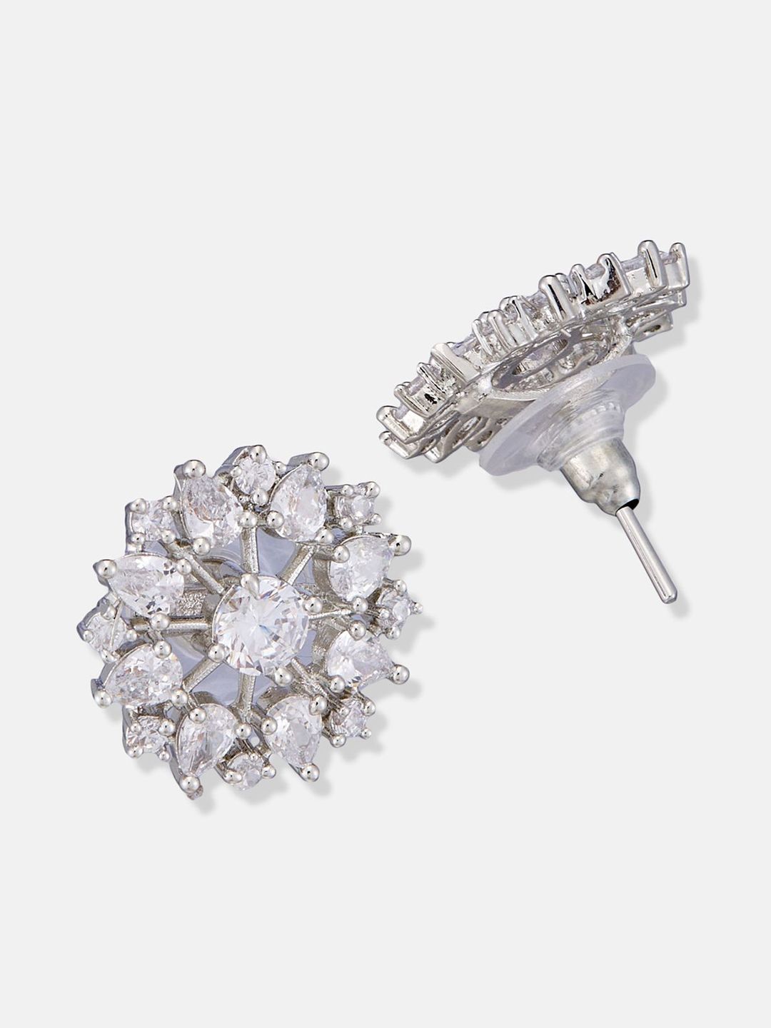 ATIBELLE Set Of 2 Silver-Plated Cubic Zirconia Studded Floral Shaped Studs