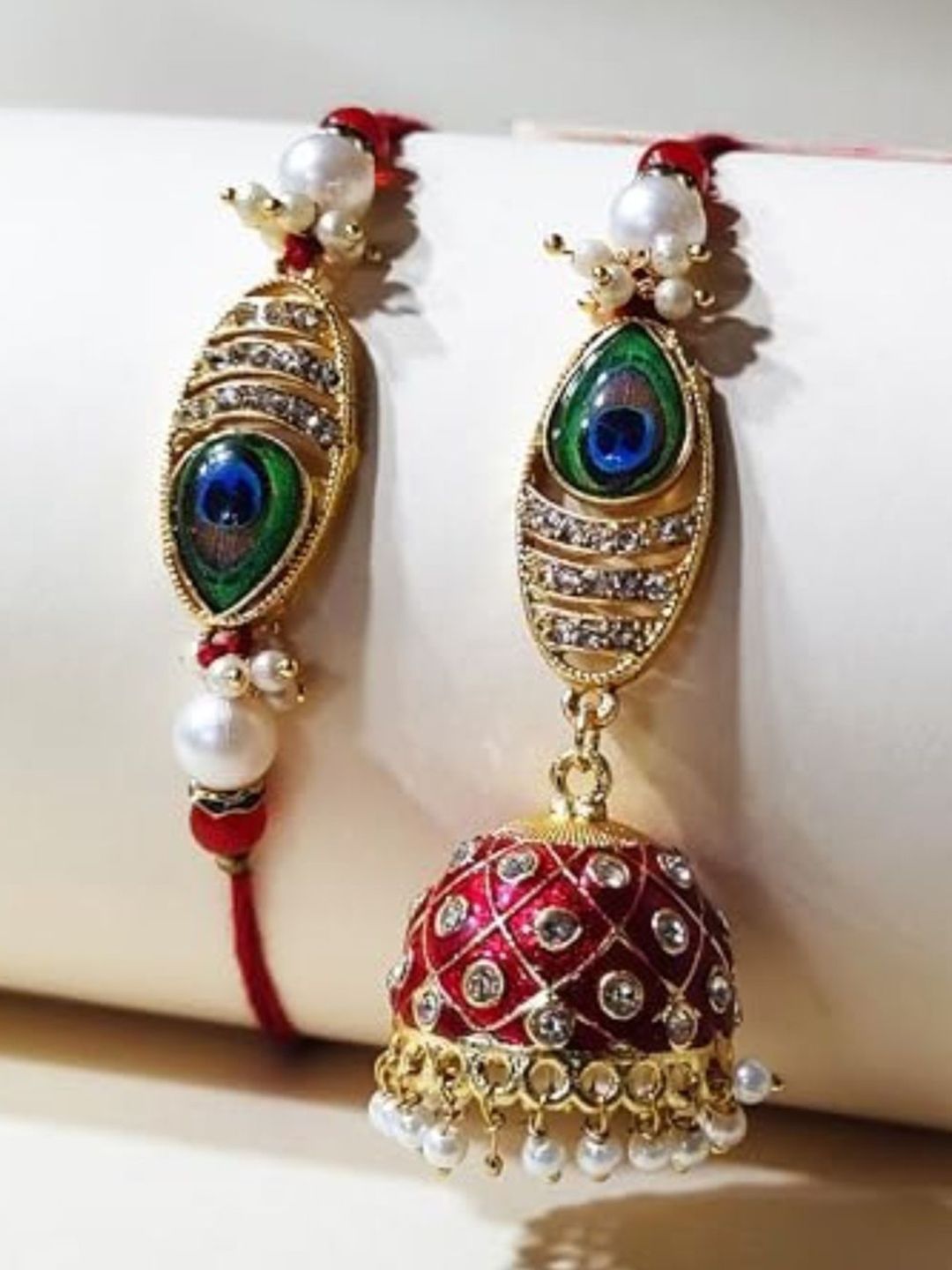 CraftVatika Set Of 2 Peacock Feather Bhaiya & Bhabhi Rakhi With Tilak Card & Fridge Magnet-picture-49
