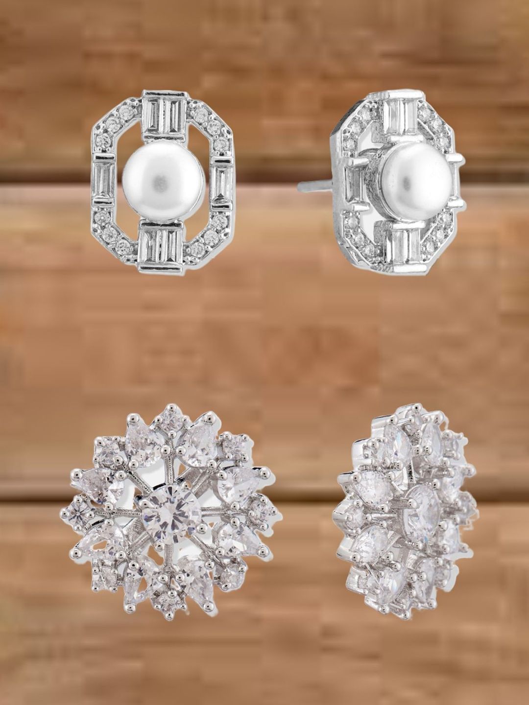 ATIBELLE Set Of 2 Silver-Plated Cubic Zirconia Studded & Pearls Beaded Geometric Studs