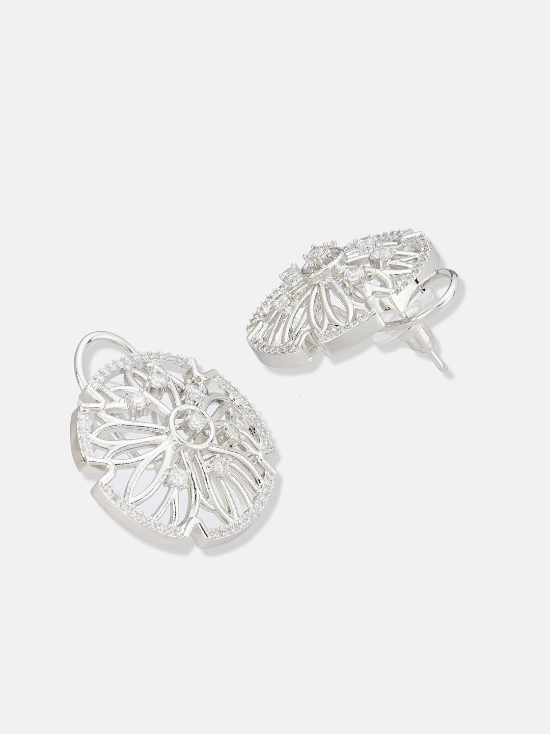 ATIBELLE Set Of 2 Silver-Plated Cubic Zirconia Studded Floral Shaped Studs