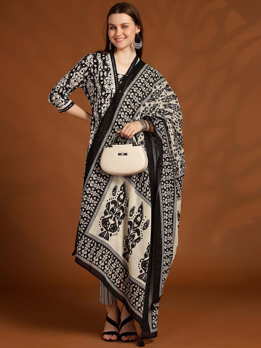 Anouk Women Floral Printed Panelled Cotton Kurta with Trousers & Dupatta