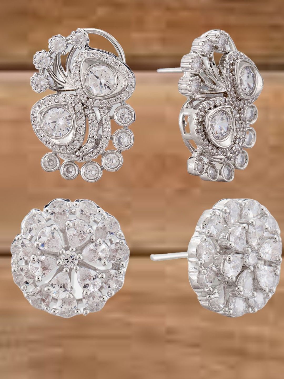 ATIBELLE Set Of 2 Silver-Plated Cubic Zirconia Studded Floral Shaped Studs