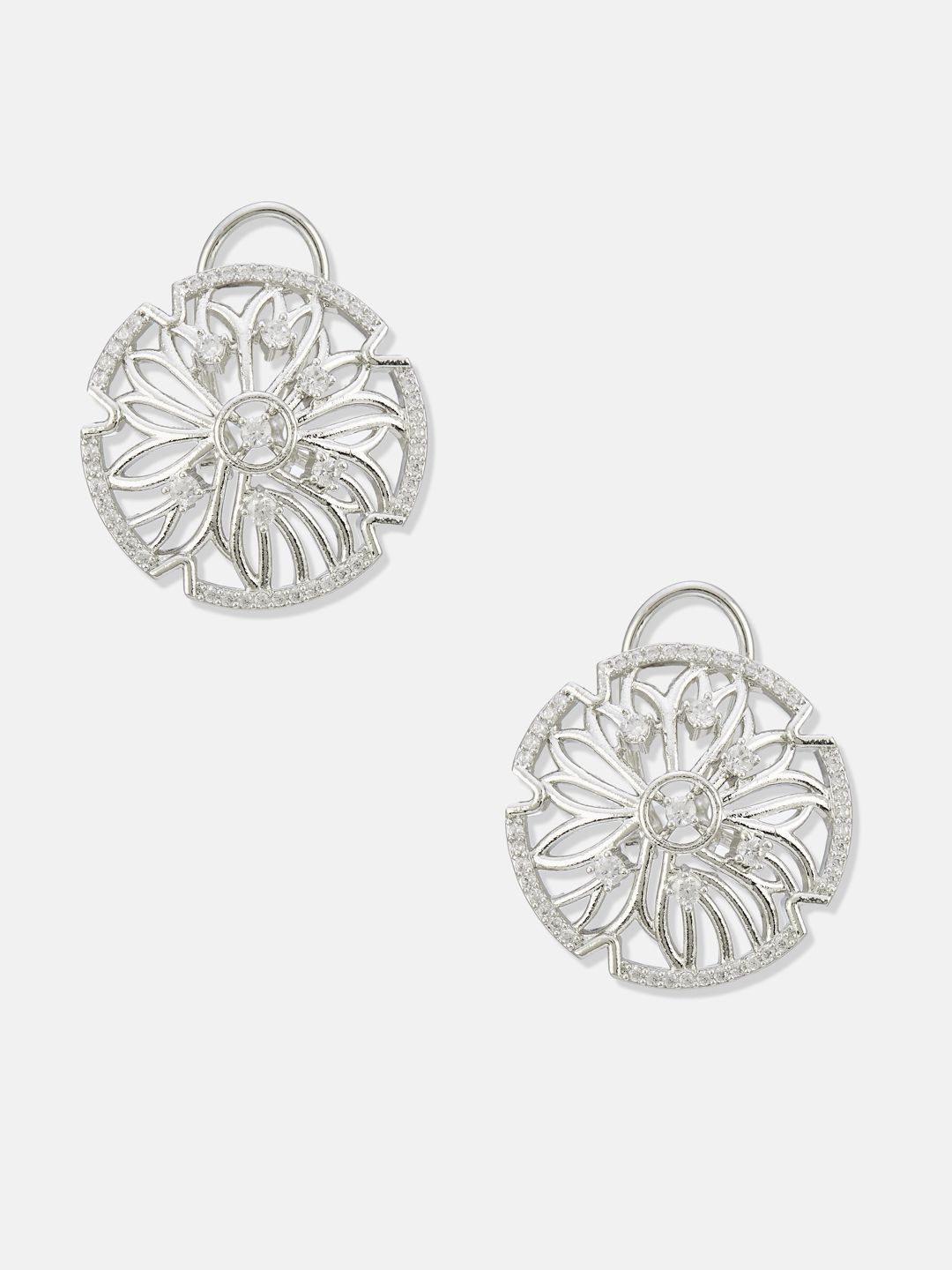 ATIBELLE Set Of 2 Silver-Plated Cubic Zirconia Studded Floral Shaped Studs
