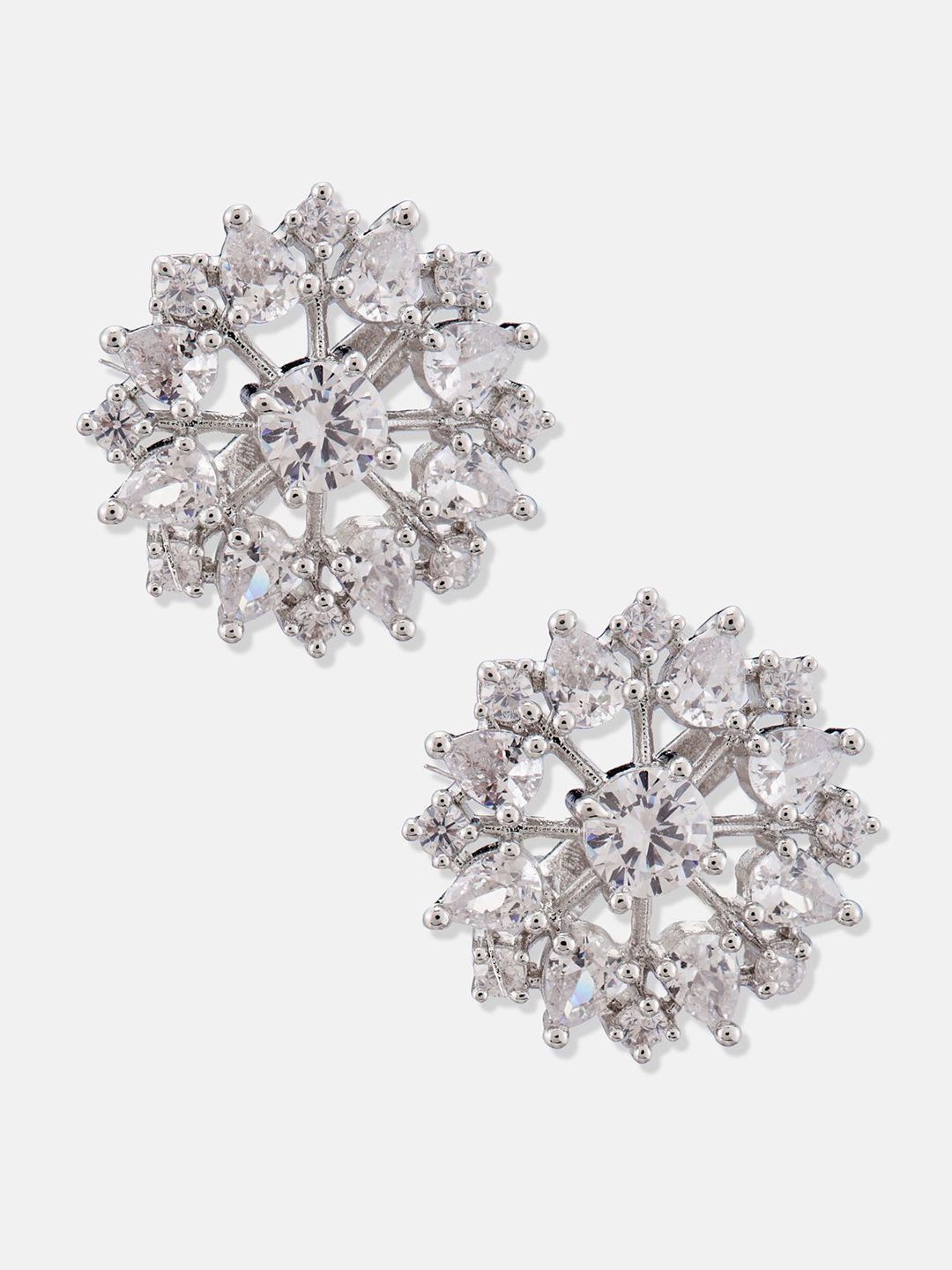 ATIBELLE Set Of 2 Silver-Plated Cubic Zirconia Studded Floral Shaped Studs